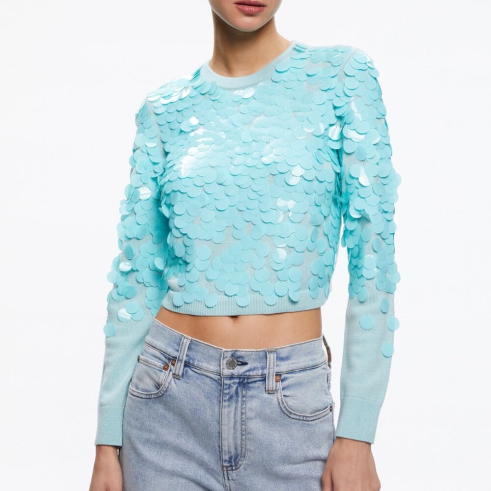 Alice + Olivia DELFINA CROPPED Sequin PAILLETTE PULLOVER S